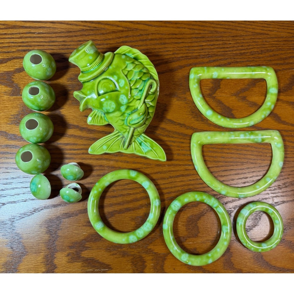 Vintage Green Ceramic Macrame Beads Set Fish Top Hat Rings D-Rings Retro Craft